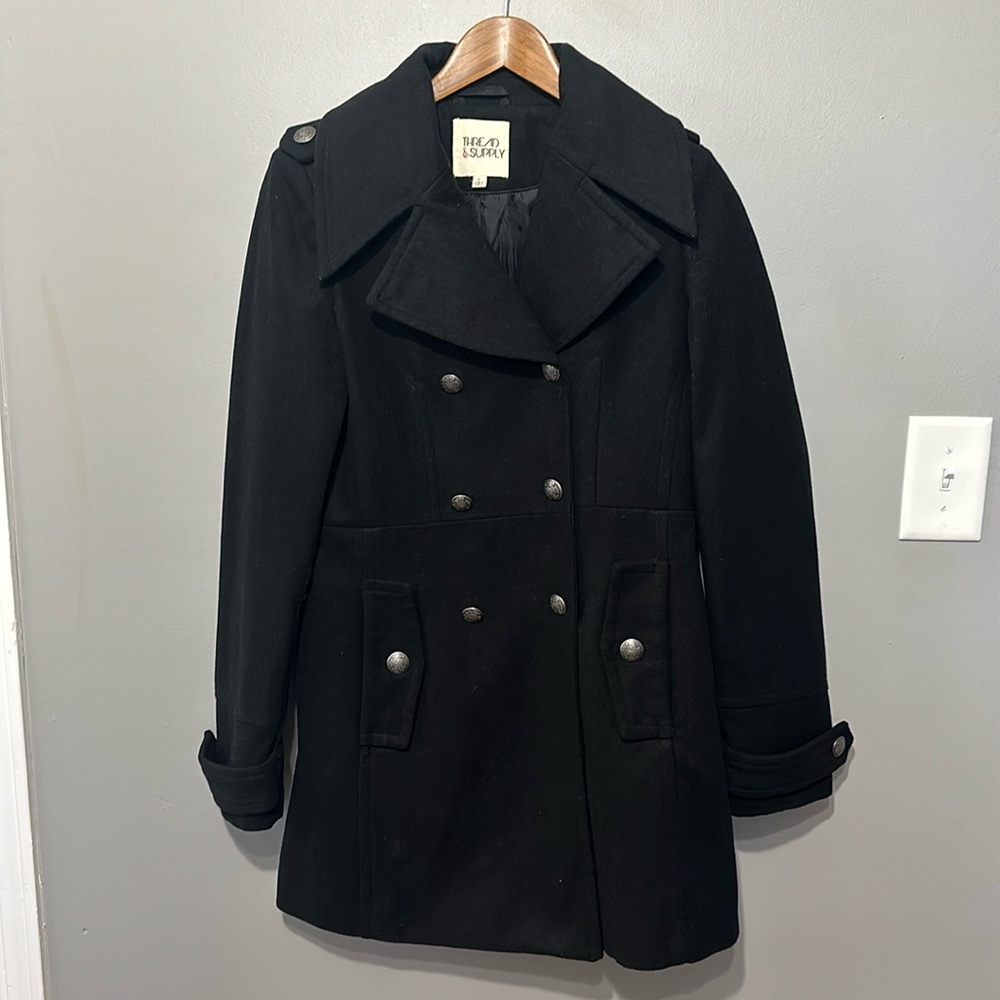 Thread & Supply Double Breasted Black Pea Coat Decorative Buttons Large EUC!!